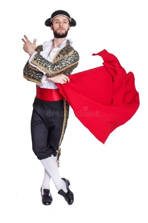 Matador in a gold-embroidered suit of lights with a red cape