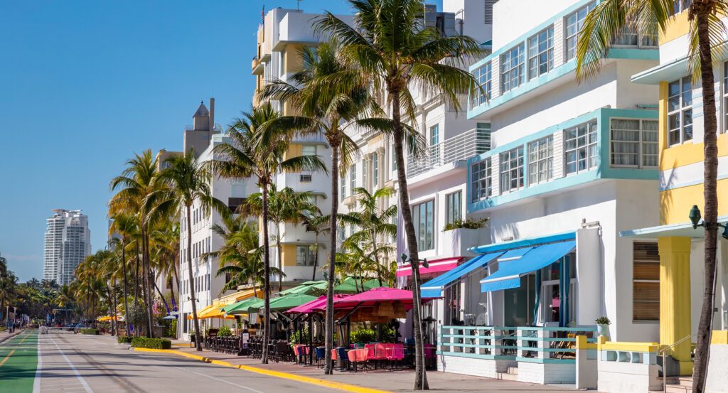 Art Deco hotels and palms on Ocean Drive, Miami Beach